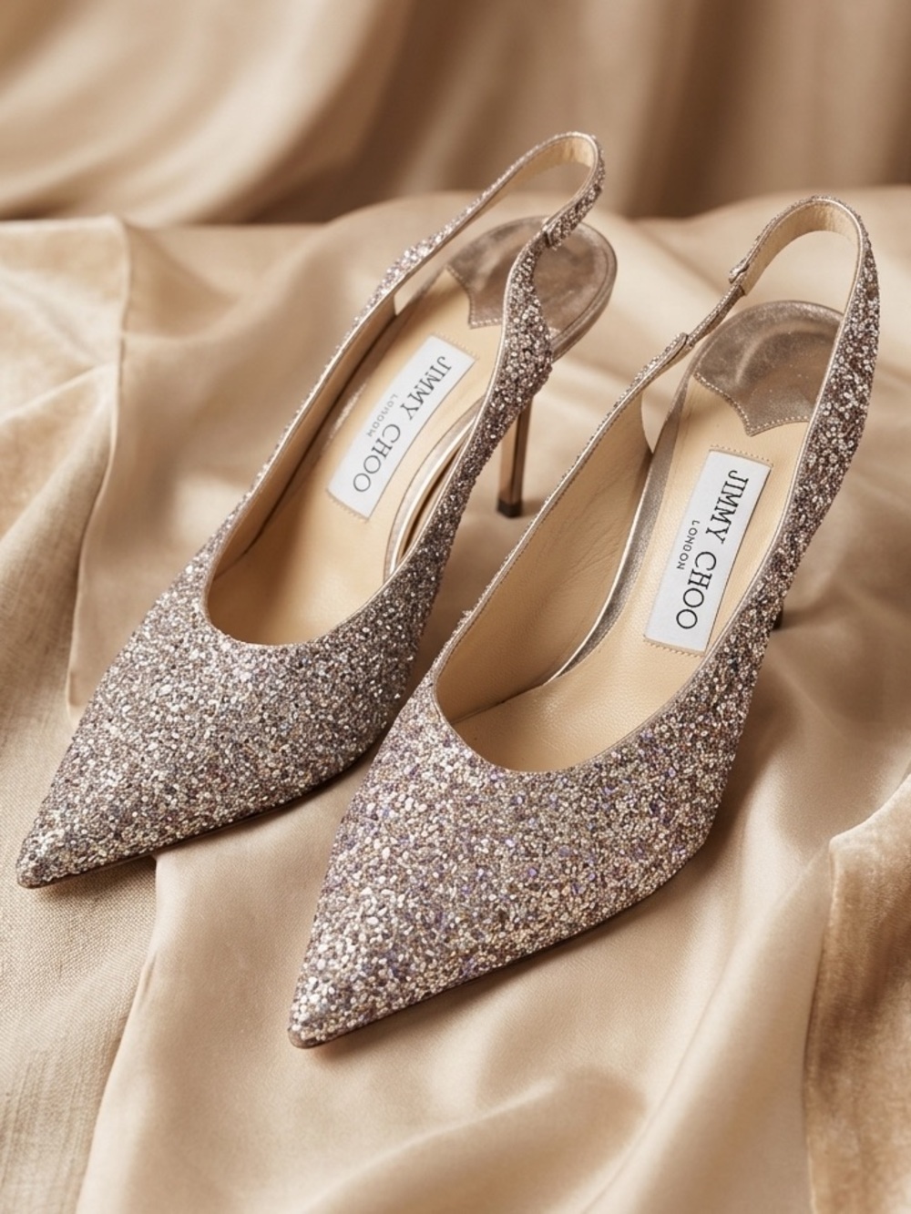 Erin 60 Jimmy Choo Silver Glitter Pointed-Toe Slingback Pumps in Champagne Heels